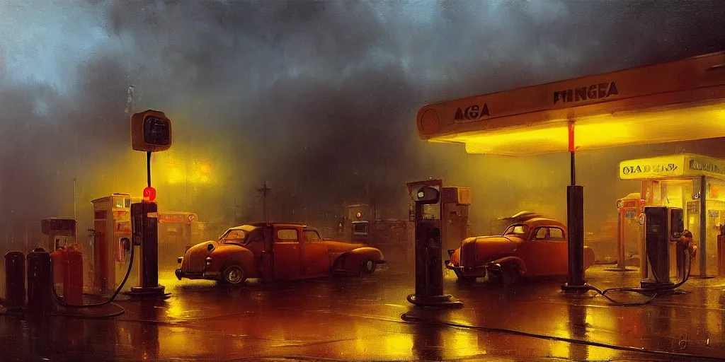 Prompt: a gas station in 1 9 4 0 with yellow and red light in the middle of the night, rainy night, a men stand up next to the pump, mystical blue fog, oil on canvas, art by andreas achenbach, clemens ascher, tom bagshaw and sabbas apterus,