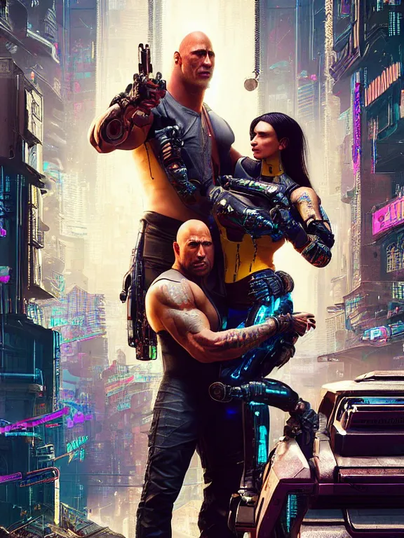 Image similar to a cyberpunk 2077 portrait of Dwayne Johnson holding a female android ,tango pose,complex mess of cables and wires behind them connected to giant computer, love moive,film lighting, by laurie greasley,Lawrence Alma-Tadema,William Morris,Dan Mumford, trending on atrstation, full of color,face enhance, highly detailed,8K, octane,golden ratio,cinematic lighting