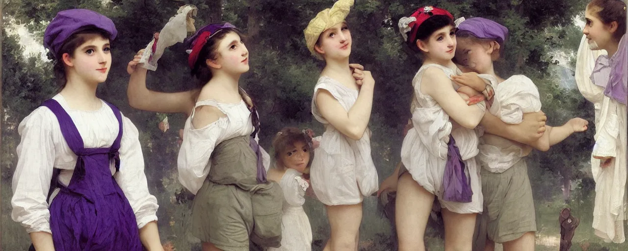 Prompt: A character sheet of many full body cute Emma Watsons with short hair wearing an oversized purple Beret, Purple overall shorts, Short Puffy pants made of silk, pointy jester shoes, a big billowy scarf, and white leggings. Rainbow accessories all over. Flowing fabric. Covered in stars. Short Hair. Art by william-adolphe bouguereau and Paul Delaroche and Alexandre Cabanel and Lawrence Alma-Tadema and WLOP and Artgerm. Fashion Photography. Decora Fashion. harajuku street fashion. Kawaii Design. Intricate, elegant, Highly Detailed. Smooth, Sharp Focus, Illustration Photo real. realistic. Hyper Realistic. Sunlit. Moonlight. Dreamlike. Surrounded by clouds. 4K. UHD. Denoise.