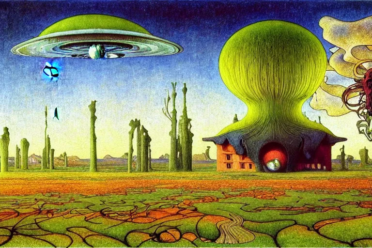 Prompt: realistic detailed landscape painting a single house in a plain field, single ufo in the sky, futuristic sci-fi forest on background by Jean Delville, Amano, Yves Tanguy, Alphonse Mucha, Ernst Haeckel, Edward Robert Hughes, Roger Dean, rich moody colours, blue eyes