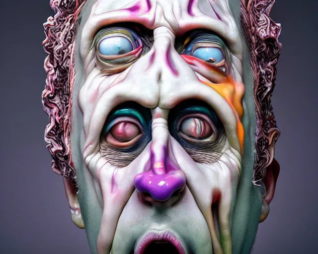 Prompt: a massive porcelain sculpture in an psychosphere of nicholas cage's face spewing psychedelic clowns from his mouth, in the style of johnson tsang, funny sculpture, lucid dream series, oil on canvas, francis bacon