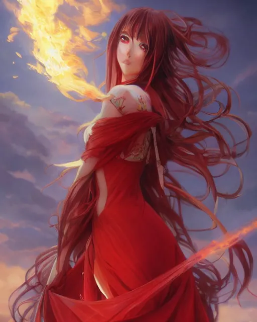 Image similar to red eyed beautiful long haired anime girl, red dress, full body photo, flames everywhere, highly detailed, digital painting, artstation, concept art, smooth, sharp focus, illustration, art by artgerm and greg rutkowski and alphonse mucha