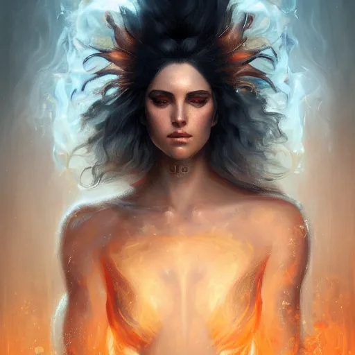 Image similar to portrait of fire goddess, hair of fire, iridescent eyes, fantasy, intricate, elegant, highly detailed, digital painting, artstation, concept art, matte, sharp focus, illustration, art by aenaluck and roberto ferri and greg rutkowski, epic fantasy, digital painting