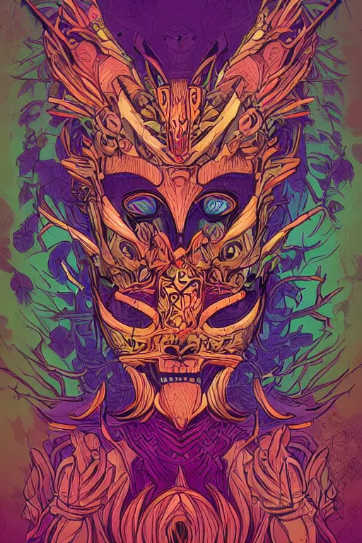 Image similar to animal mask totem roots tribal feather gemstone plant wood rock shaman vodoo video game vector illustration vivid multicolor borderlands comics by josan gonzales and dan mumford radiating a glowing aura