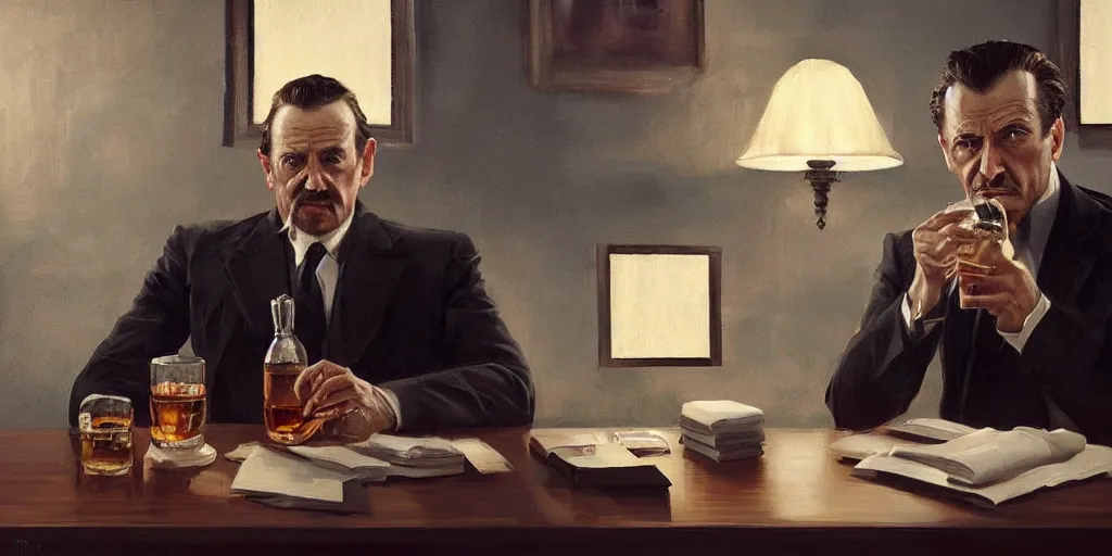 Image similar to beautiful oil matte portrait painting, mafia boss drinking whiskey at his 5 0 s new york office desk, wonderful masterpiece highly detailed, beautiful cinematic light deep focus, elegant, digital painting, smooth, sharp focus, golden ratio, dramatic illumination, ultra realistic, 8 k, art by jimmy law