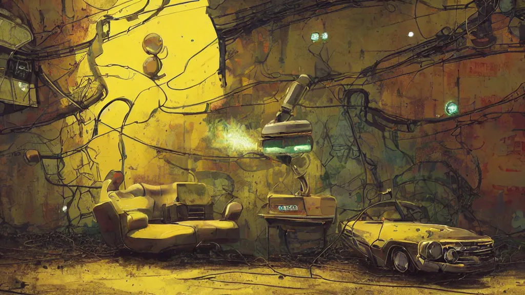 Image similar to A 1960s era robot! on a faded yellow couch in front of a rusted and dilapidated gas station. The stars! of the Milky Way shine above a broken neon sign, ground is cracked with vines fantasy concept art by Greg Rutkowski