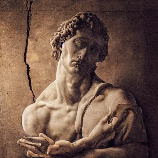 Image similar to “1800s era photograph of Michelangelo sculpting Matthew McConaughey as David, hyperrealistic, hd, faded, cracked, stained”