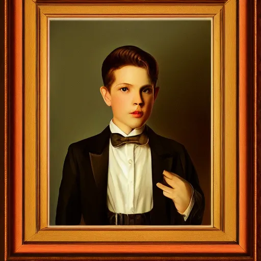 Image similar to young pale Donal Glison, dressed in formal suit, cinematic lighting, highly detailed, digital art, Renaissance painting, framed, by Leyendecker, by Rutkowsky,