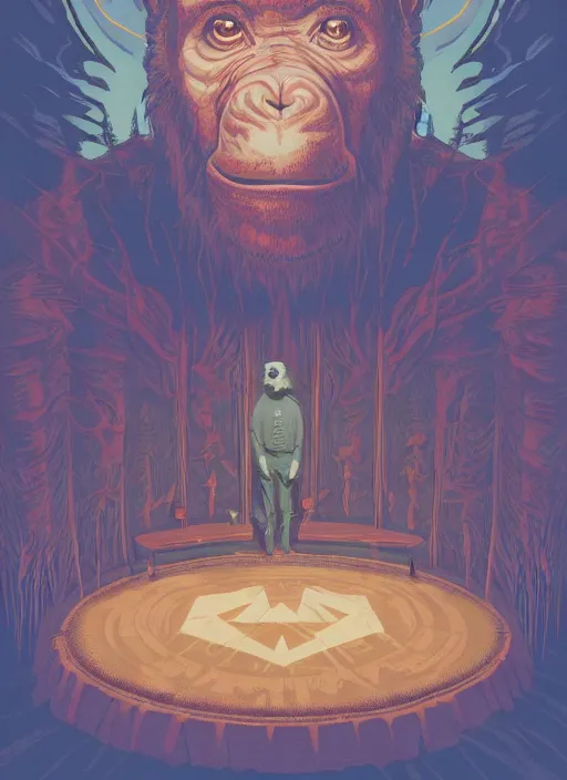 Image similar to Twin Peaks movie poster artwork by Michael Whelan and Tomer Hanuka, Rendering of a chimpanzee being hypnotized by looking at masonic and kabbalistic symbols, from a scene from Twin Peaks, clean, full of detail, Matte painting, trending on artstation and unreal engine