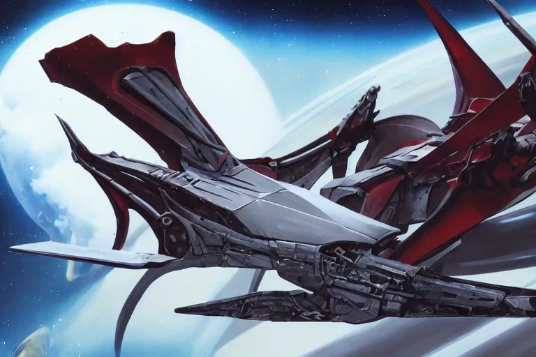 Image similar to gnostic space nebula framing a pteranodon mecha interceptor, small against the backdrop of space, white john berkey armor panels, wine-red and grey trim, robotech styling, with white Kanji markings outlined in black, boeing concept art painting, cinematic lighting, amazing lifelike cinematic photo render