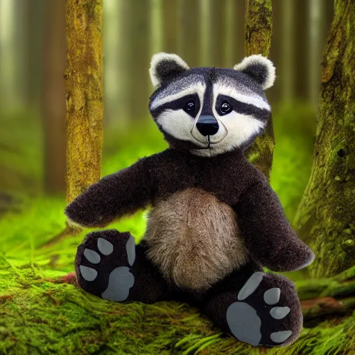 Image similar to raccoon teddy bear in a mossy forest