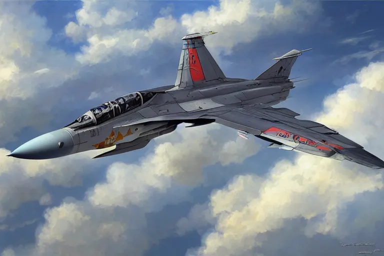 Image similar to Mikoyan MiG-29 flying in the sky, blue sky, white clouds, highly detailed, digital painting, artstation, concept art, sharp focus, illustration, art by artgerm and greg rutkowski and alphonse mucha