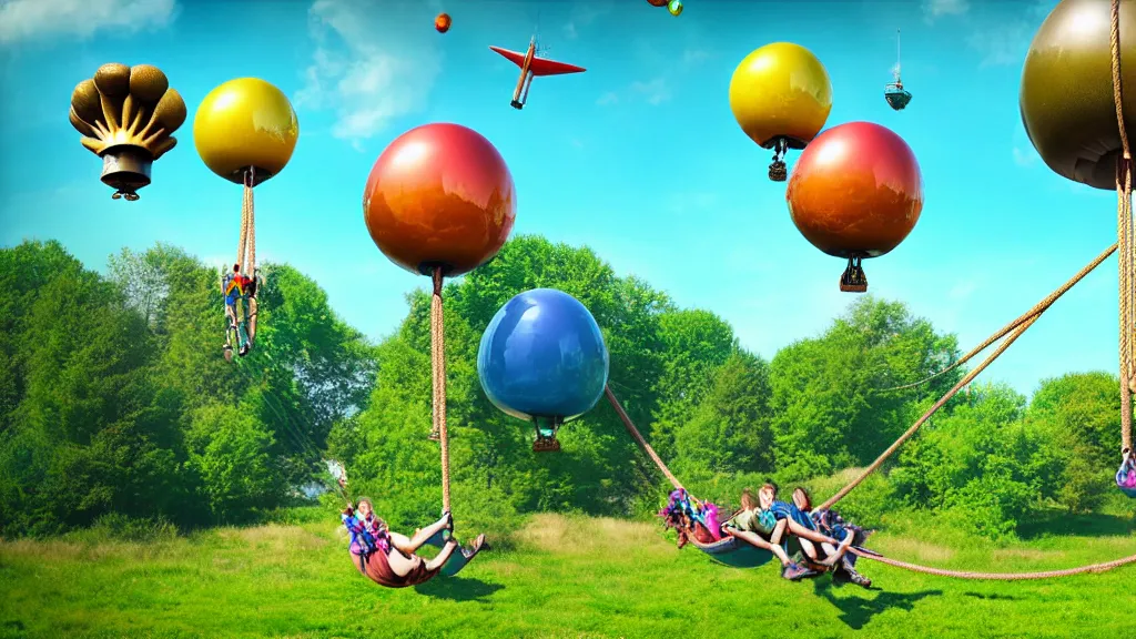 Image similar to large colorful futuristic space age steampunk balloons with people on rope swings underneath, flying high over the beautiful countryside landscape, professional photography, 8 0 mm telephoto lens, realistic, detailed, digital art, unreal engine