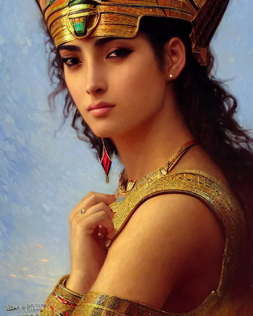 Image similar to Jessica Kahawaty as a beautiful egyptian princess, gorgeous, portrait, powerful, intricate, beautiful, masterpiece, elegant, volumetric lighting, digital painting, highly detailed, artstation, sharp focus, illustration, William-Adolphe Bouguereau, Hajime sorayama, ruan jia