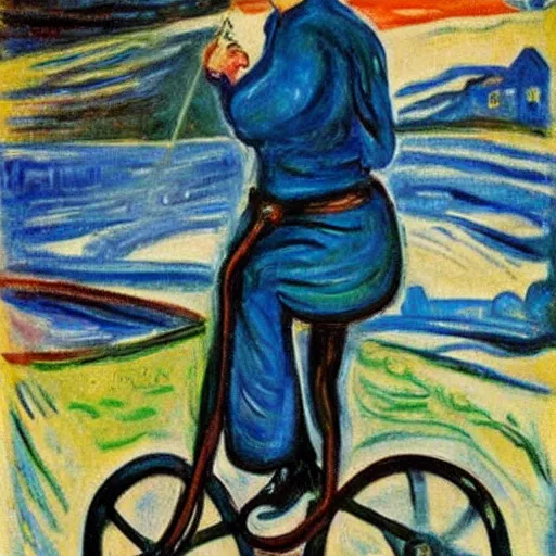 Prompt: Erna Solberg rising a unicycle oil canvas paining by Edvard Munch