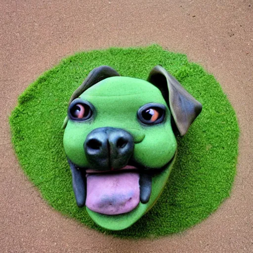 Image similar to funny strange dog made out of clay on a green carpet, Nikon Coolpix 5200