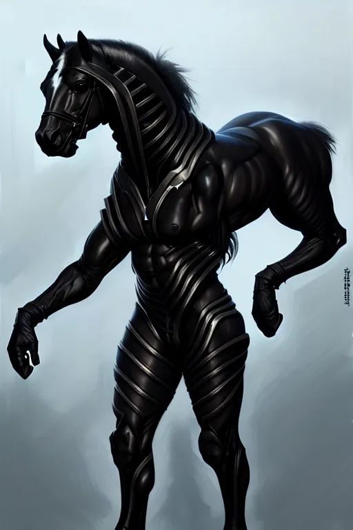 Image similar to an enormously muscular black - coated anthro horse wearing skintight body armor, technology research facility, game character, highly detailed, digital painting, artstation, concept art, illustration, art by artgerm, greg rutkowski, wlop