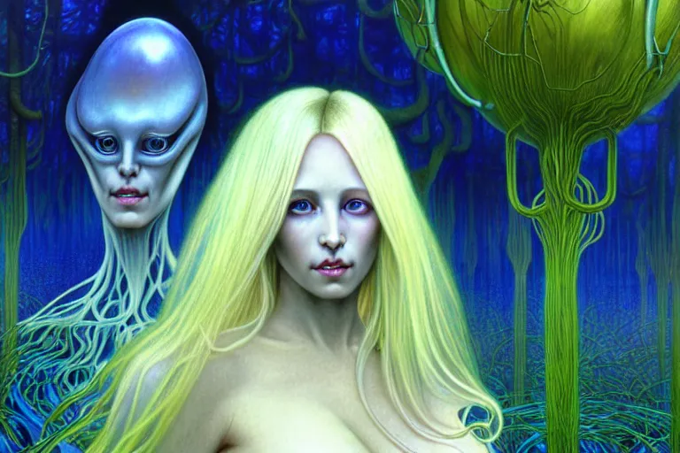 Prompt: realistic detailed portrait of a beautiful ghost woman with blond hair with an alien, futuristic sci-fi forest on background by Jean Delville, Amano, Yves Tanguy, Alphonse Mucha, Mark Brooks, Roger Dean, rich moody colours, blue eyes, 4k 3d render