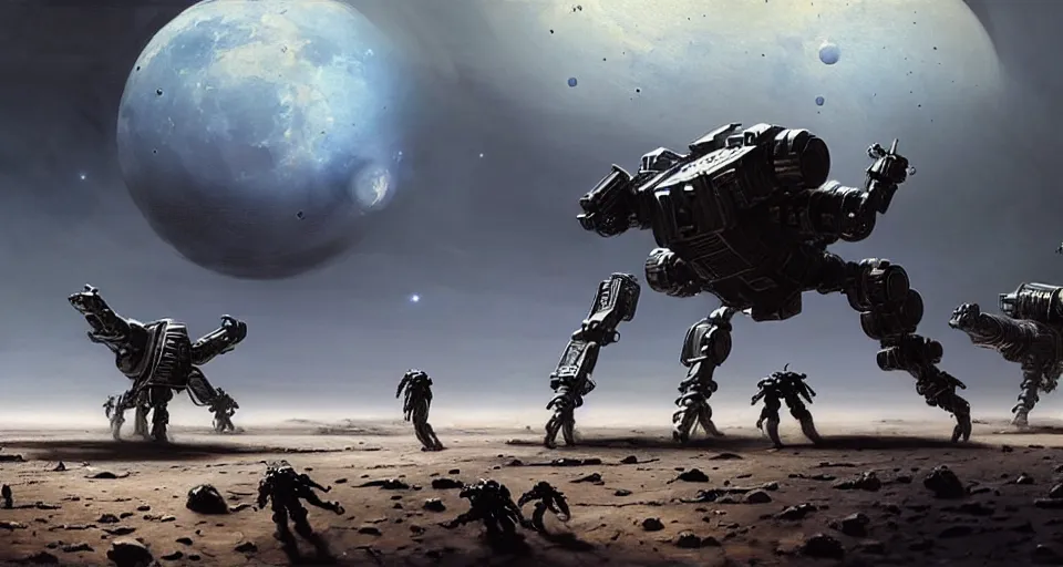 Image similar to hyper realistic sci - fi matte concept art painting of dramatic cinematic battle scene between humanoid battlemechs fighting on the moon, guns, missiles, explosions, beautiful details, strong composition painted by kim jung guweta studio rutkowski, james gurney and greg rutkowski, and lucasfilm, smooth, intricate, detailed, sharp focus, cinematic