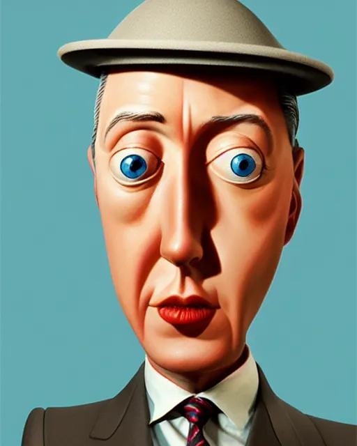 Prompt: closeup face profile portrait of a tin toy jacques tati as monsieur hulot, hyper realistic, artstation, illustration, nicoletta ceccoli, mark ryden, lostfish, max fleischer, digital paint, matte paint, vivid colors, dark, sinister, detailed and intricate environment