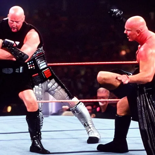 Prompt: Stone Cold Steve Austin fighting with Darth Vader in the WWE ring