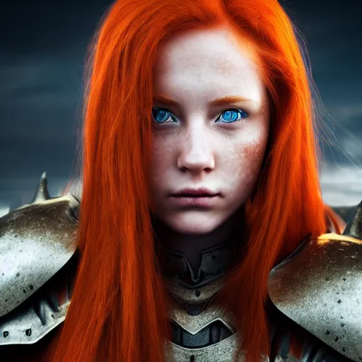 Image similar to north female warrior, red hair, ginger hair, fantasy, high detailed, photography, cloudy, lightweight armor, Scandinavia, plain, Authentic, detailed face, cute face, model, glowing skin, blue eyes, professional photographer, masterpiece, 8k, 3D