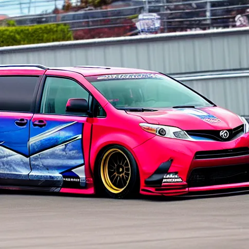 Image similar to Toyota Sienna with racing tires and racing livery, widebody kit, drifting through nurburgring, cinematic photography