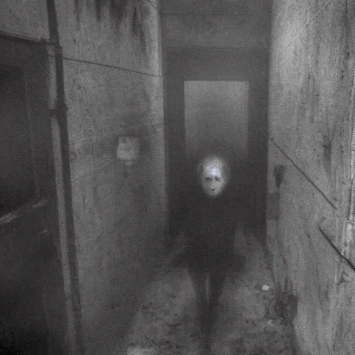 Prompt: photo of a ghost woman, silent hill, highly detailed environment, haunted building, found footage, low quality camera, dark colors, industrial setting, rusty, lost footage, focus on face, disturbing, horror, fear, bad camera, old footage, hyperrealism, movie, movie screengrab, body horror, omnious