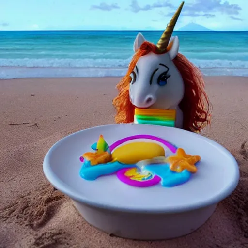 Prompt: a unicorn cooking breakfast on a beach