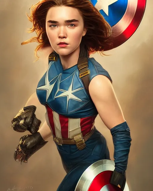 Prompt: 5 5 mm portrait photo of florence pugh as captain america. magical atmosphere. art by artgerm and greg rutkowski. highly detailed 8 k. intricate. lifelike. soft light. nikon d 8 5 0.