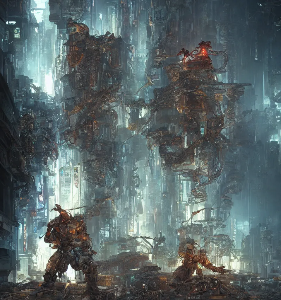 Image similar to cyberpunk gladiator, cinematic, highly detailed, octane render, cg, rich cinematic atmosphere, perfect digital art, mystical journey in strange world, Mystical, cyberpunk, tech war, sci-fi, surreal, glowing lights, sharp focus, high detailed, by Akihiko Yoshida, michael whelan and Karol Bak