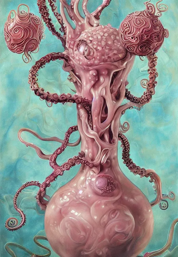 Image similar to a biomorphic painting of a vase with flowers with eyeballs and tentacles, surrealist painting by marco mazzoni, by dorothea tanning, pastel blues and pinks, melting, plastic, skull, featured on artstation, metaphysical painting, oil on canvas, fluid acrylic pour art, airbrush art, seapunk, rococo, lovecraftian