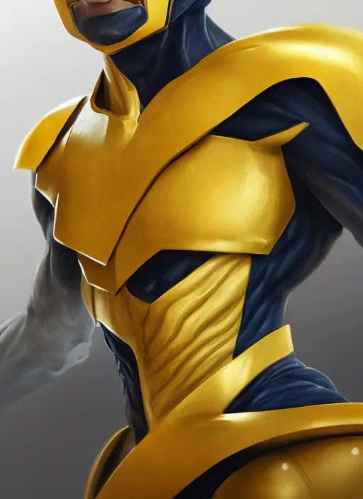 Image similar to bust, head and torso only, yellow ranger, trending on artstation, unreal engine, movie poster, fine detail, extremely detailed, sharp focus, smooth, digital illustration, by rossdraws, frank franzzeta, sakimichan, corrected hand, perfect hands, 4 k