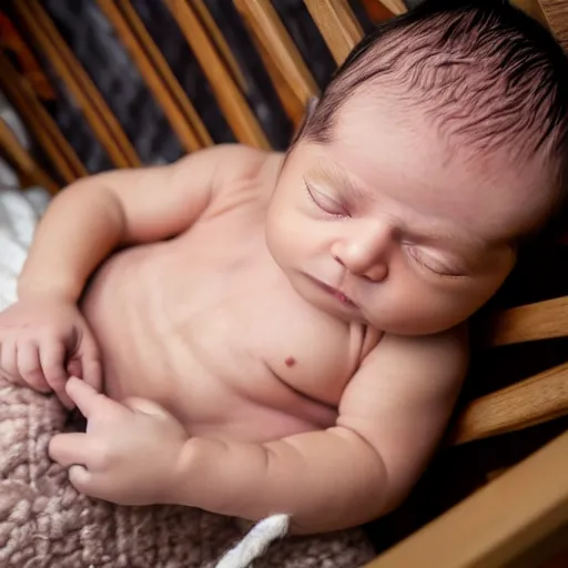 Image similar to huge muscles bodybuilder baby sleeping in a crib, newborn picture, barrel chested, rippling muscles, huge veins, bulging muscles, ripped, award winning photography, high detail