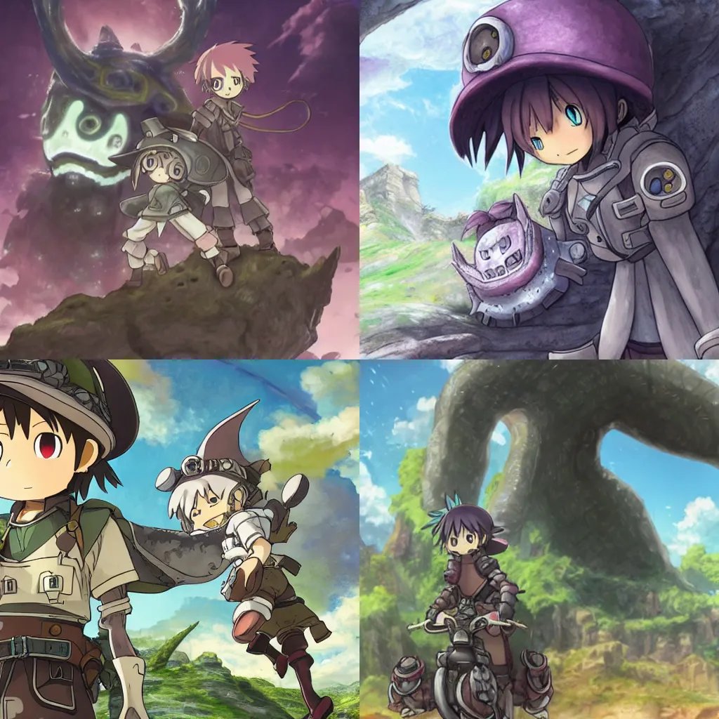 Prompt: Reg from Made in Abyss riding an ancient eldritch monster