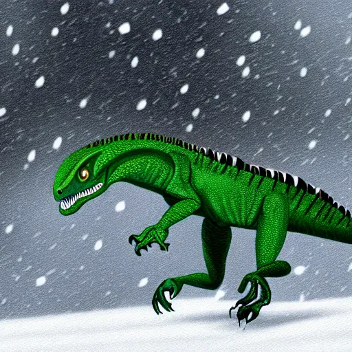 Prompt: Green Velociraptor with Black Stripes Walking through a Snowstorm, Paleoart, Digital Art on Artstation