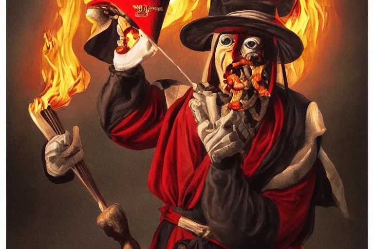 Image similar to a highly detailed menacing painting of pulcinella!!! from naples with a pizza!! and lots of fire, a volcano and dark smoke, an ultrafine painting by antoinette kelly, dramatic lighting, trending on deviantart, sharp focus, octane, masterpiece