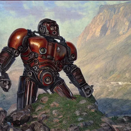 Prompt: full body rusty black steel single titan colossus goddess terminator T-800 red eyed in pacing through valley, crossing the river, mountain valley to smoking fortress afar, with armour, artillery, muscular torso, fine art, cinematic, artstation, matte painting, masterpiece by vasnetsov and surikov, JEAN-VICTOR BERTIN