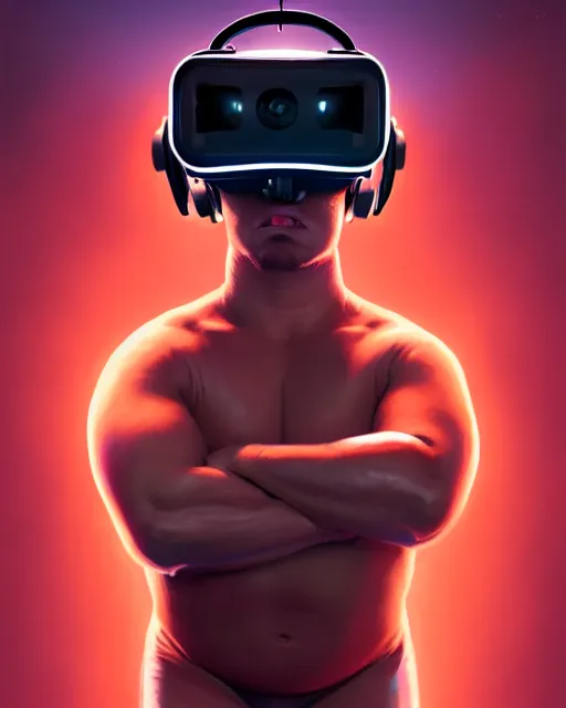 Prompt: highly detailed vfx portrait of, big wrestler wearing a vr headset, stephen bliss, unrealengine, greg rutkowski, loish, rhads, beeple, makoto shinkai and lois van baarle, ilya kuvshinov, rossdraws, tom bagshaw,