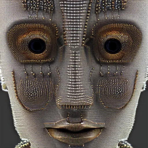 Prompt: highly detailed 3 d render of a cyborg head and face made from extreme numbers of tiny wires and beads, silver, gold, by russian artist igor goryunov, 8 k resolution, photo realistic symmetrical