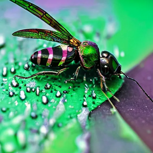 Image similar to insects made of iridescent water, macro, sharp focus