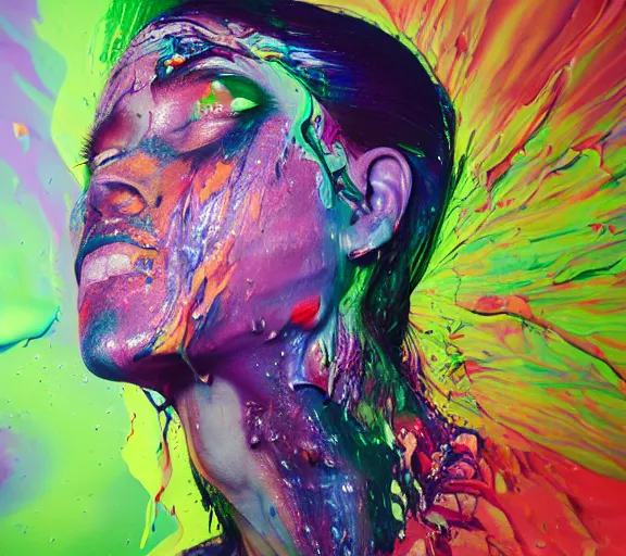 Image similar to still shot footage of a portrait of a female angel's head morphs into acrylic pour and coloured powder explosion and splashing paint and dripping paint and flying paint chunks, closing eyes, motion blur, hyperrealistic, medical, intricate art photography, hyperrealistic, anatomically correct, realistic crisp textures, 1 6 k