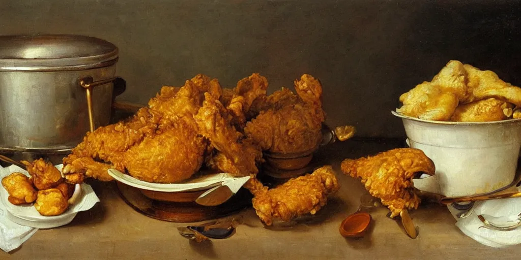 Image similar to a fineart still life painting of a KFC bucket and chicken on table. Oil on canvas, by Willem Kalf.