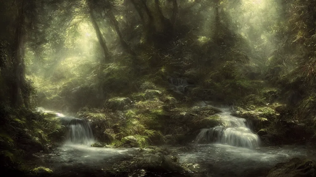Image similar to a tiny waterfall in the dark forest. andreas achenbach, artgerm, mikko lagerstedt, zack snyder, tokujin yoshioka