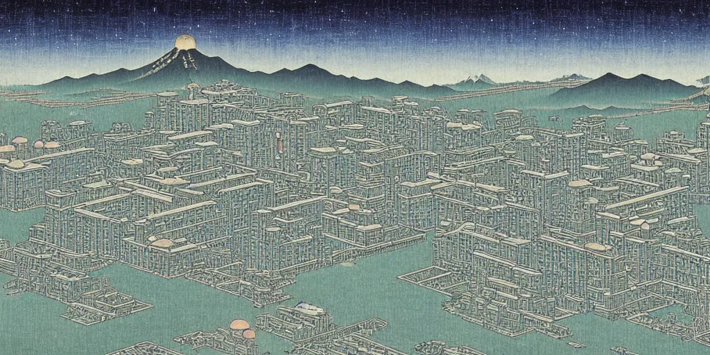 Prompt: an elder chinese space city by kawase hasui. hd
