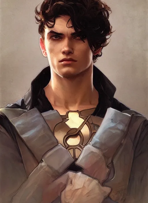 Prompt: a young man. he is dressed as a superhero. clean elegant painting, beautiful detailed face. by artgerm and greg rutkowski and alphonse mucha