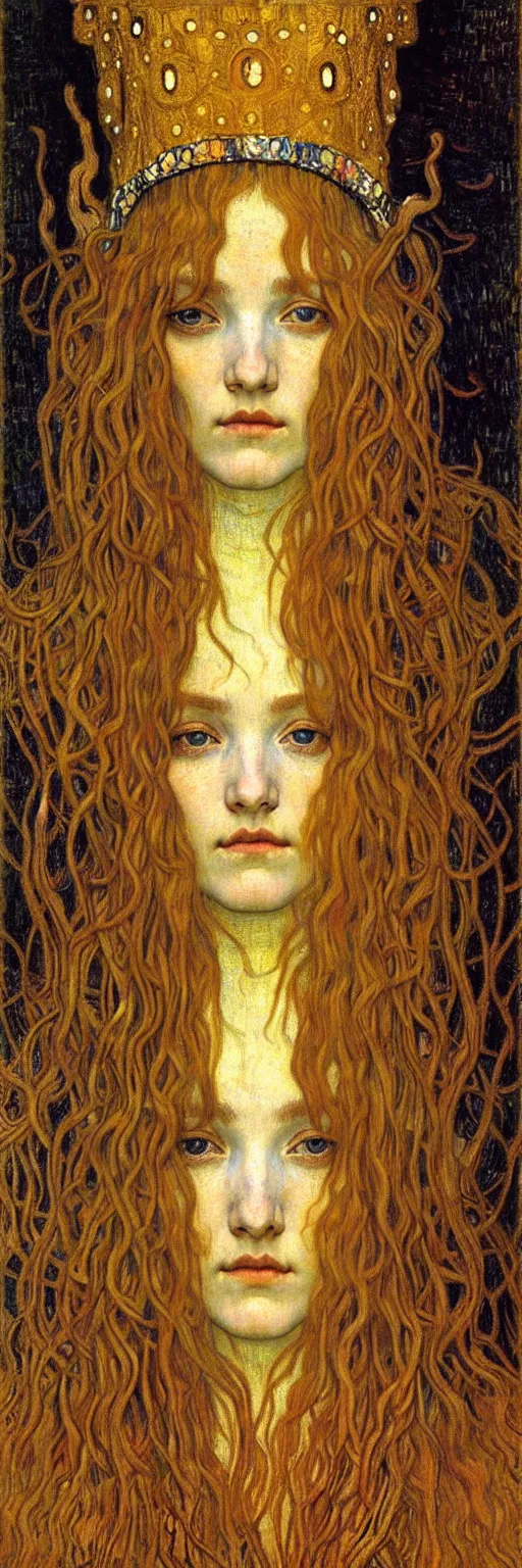 Image similar to detailed realistic beautiful young medieval queen face portrait by jean delville, gustav klimt and vincent van gogh, art nouveau, symbolist, visionary, gothic, pre - raphaelite, muted earthy colors, desaturated