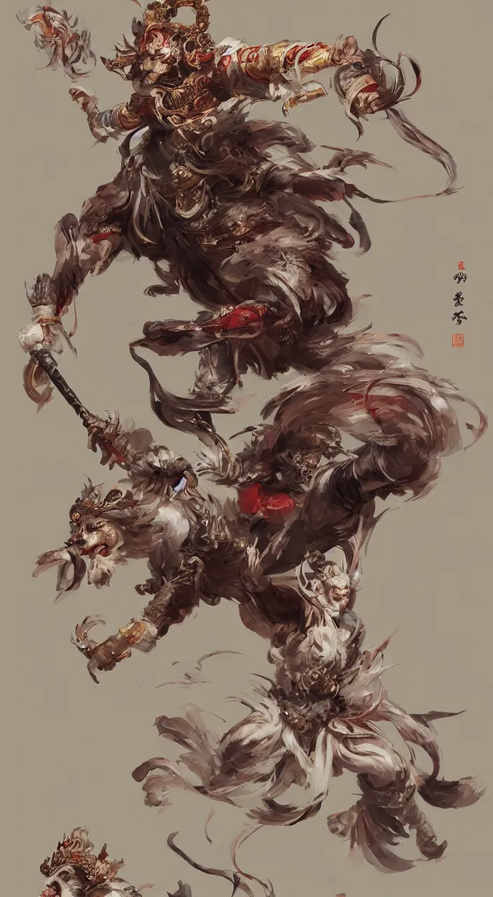 Image similar to concept art of monkey king 孙 悟 空 from chinese myth 西 游 记, 紫 金 冠, 黄 金 甲, character design, artstation by jean - baptiste monge and craig mullins and greg rutkowsk and feng zhu