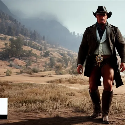 Prompt: Film still of Arnold Schwarzenegger, from Red Dead Redemption 2 (2018 video game)