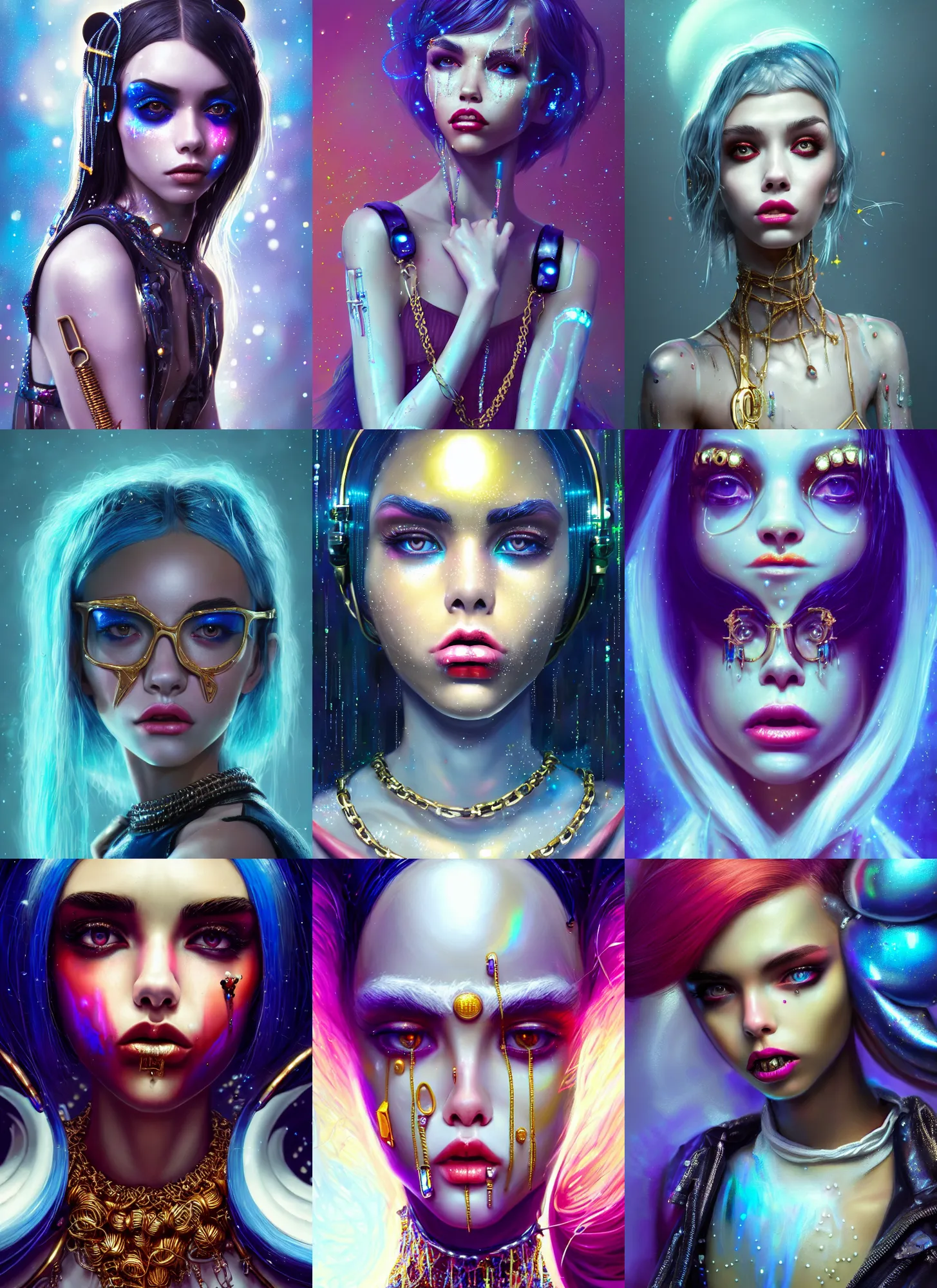 Prompt: disney 8 k photo, gorgeous shiny sweaty grand pearlescent chained white emo clowncore nerd cyborg madison beer, vogue, ( golden ratio ), school, sci fi, fantasy, cyberpunk, intricate, decadent, highly detailed, digital painting, octane render, artstation, concept art, smooth, sharp focus, illustration, art by loish, wlop